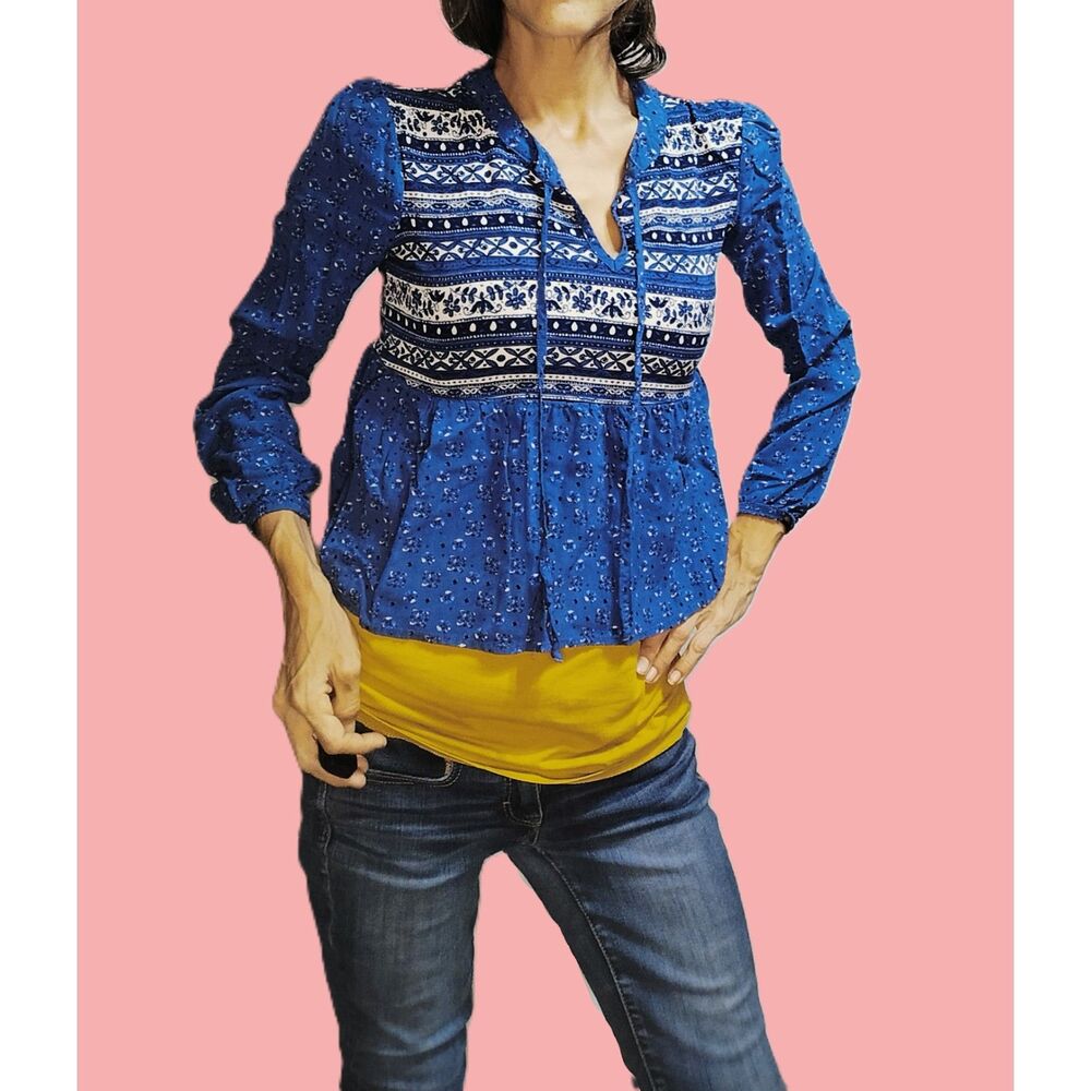 True Craft ~ Blue Americana Paisley Boho Eyelet Midriff Top ~ Size XS